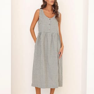 Linen Gingham Midi Dress for Women, Sleeveless Summer Linen Dress, Relaxed Fit Everyday Dress in Small Green Gingham Dress