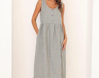 Linen Gingham Midi Dress for Women, Sleeveless Summer Linen Dress, Relaxed Fit Everyday Dress in Small Green Gingham Dress