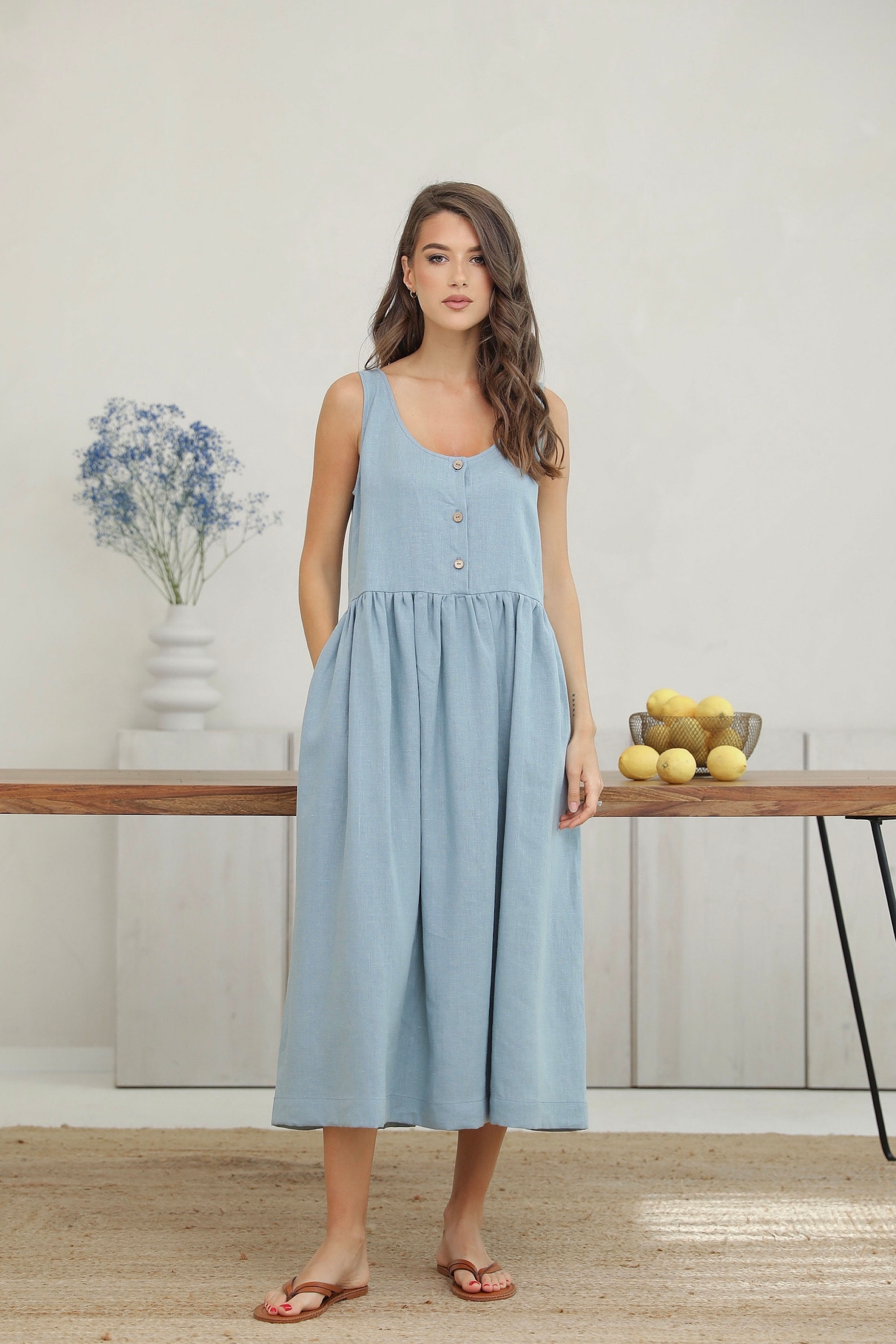 Linen Summer Relaxed Dress - Green