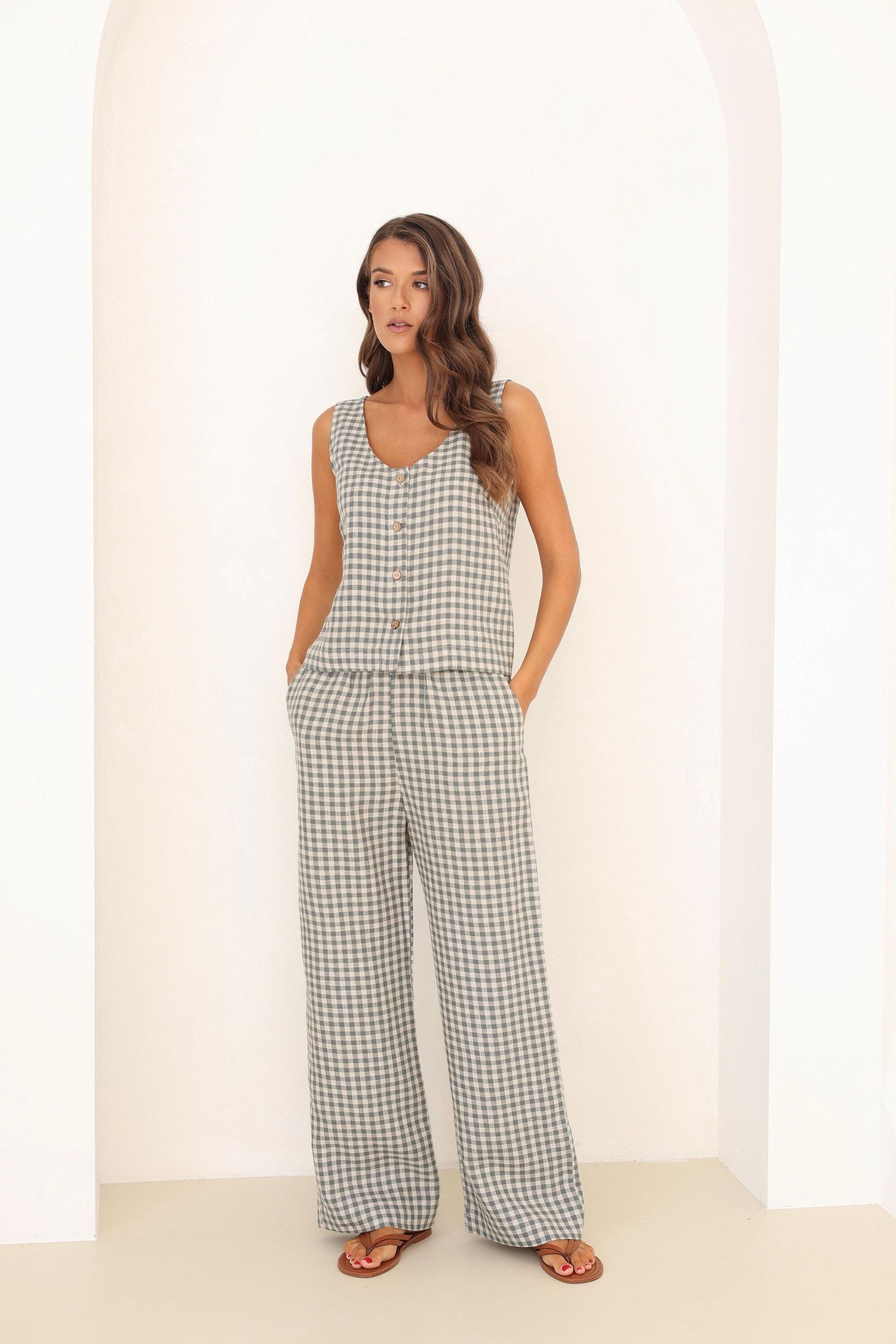 Gingham Linen Pants Women, High Waisted Summer/Small Green