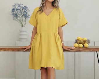 Linen Summer Dress With Pockets in Honey, Minimalist Short Sleeve V neck Linen Dress