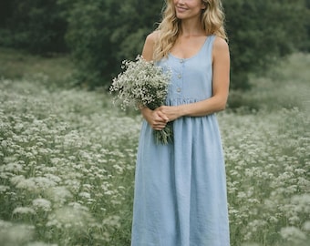 Linen Loose Long Dress With Buttons in Willow Green, Sleeveless Linen  Dress With Pockets