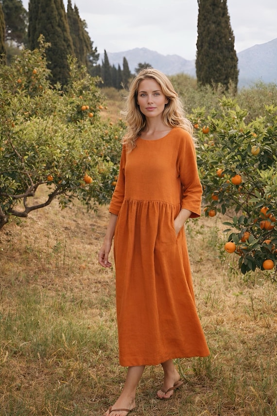 knee length dresses for ladies Ashby Linen Halter Midi Dress-Orange main image 1