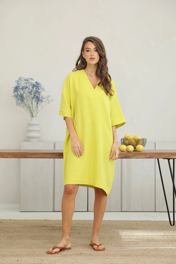Linen Tunic Dress for Women in Lemon, Loose Fit Summer Linen Dress - Etsy