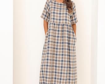 Modest Linen Dress Short Sleeve in Blue Brown Gingham, Long Linen Dress With Pockets