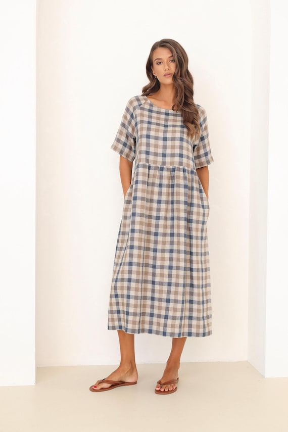 Modest Linen Dress Short Sleeve in Blue Brown Gingham, Long Linen Dress With Pockets - Etsy Modest Linen Dress Short Sleeve in Blue Brown Gingham, Long Linen Dress With Pockets - Etsy
