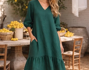 Dunkelgrünes Leinenkleid, Puffärmel lässiges Leinenkleid, locker sitzendes Kleid, Midi übergroßes Kleid