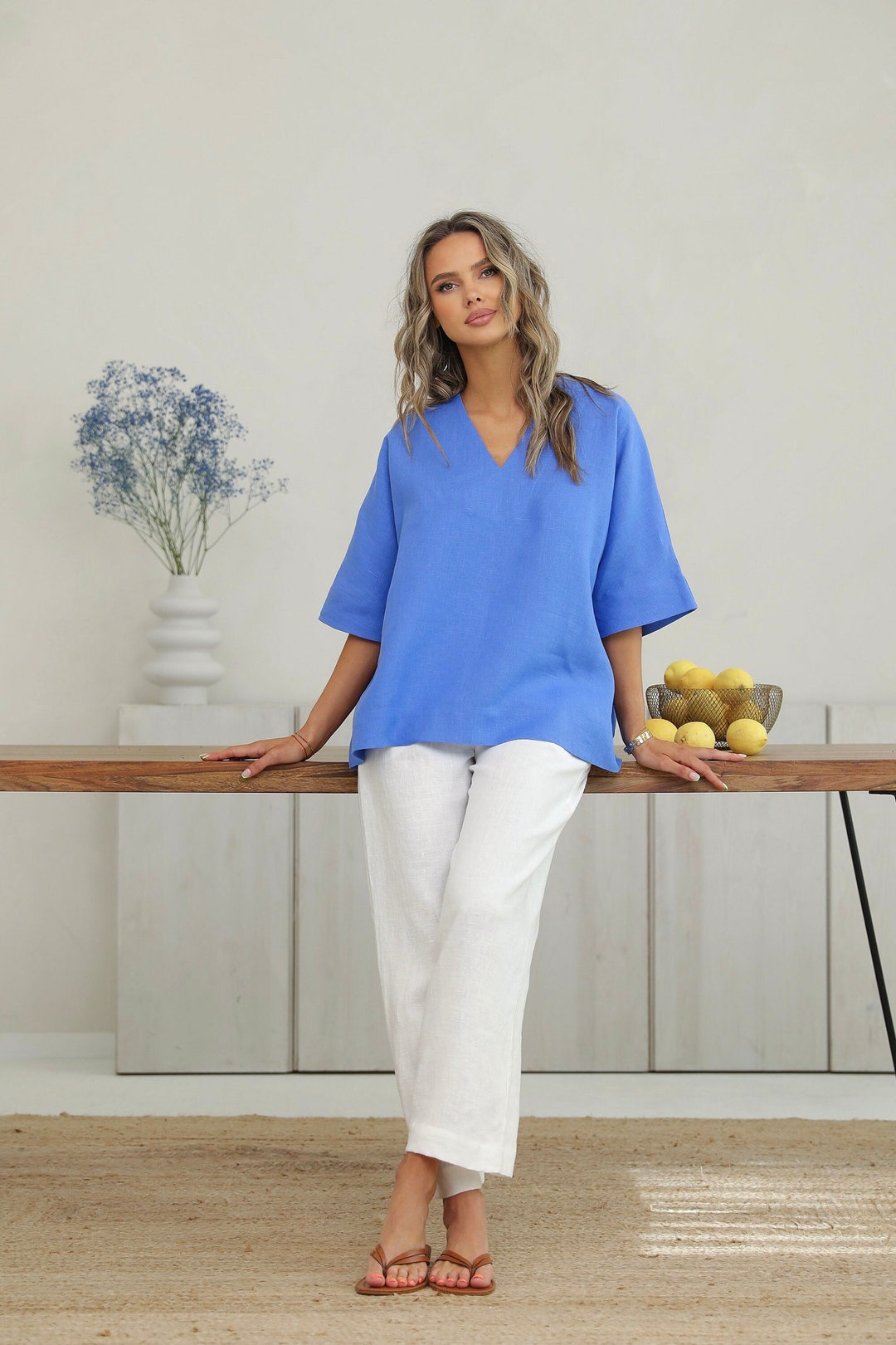Cornflower Blue Ruffle Top Oversized Linen Top Cornflower Blue Available in 34 Colours - Etsy