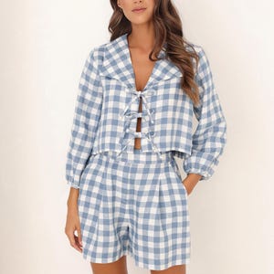 Tie Front Linen Top, Linen Gingham Women Top, Cropped Linen Jacket in Light Blue Gingham, Tie Front Shirt Gingham, Linen Blouse