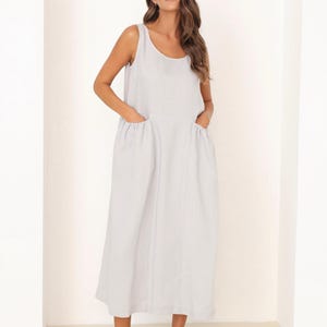 Light Gray Linen Dress, Summer Linen Dress, Linen Dress with Pockets, Midi Dress, Oversized Dress, Lithuanian Linen Dress