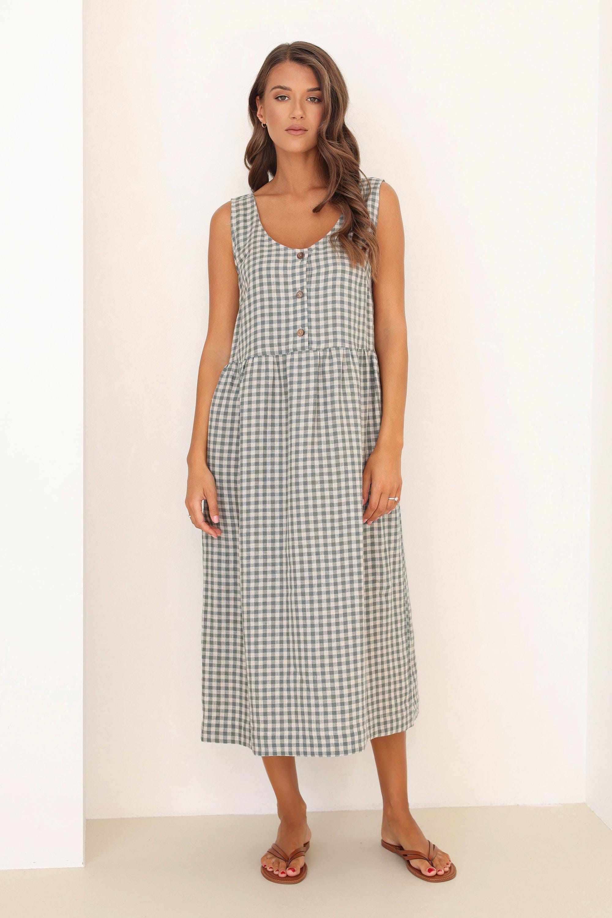 Gingham Linen Look Dress With Flowers main image 1