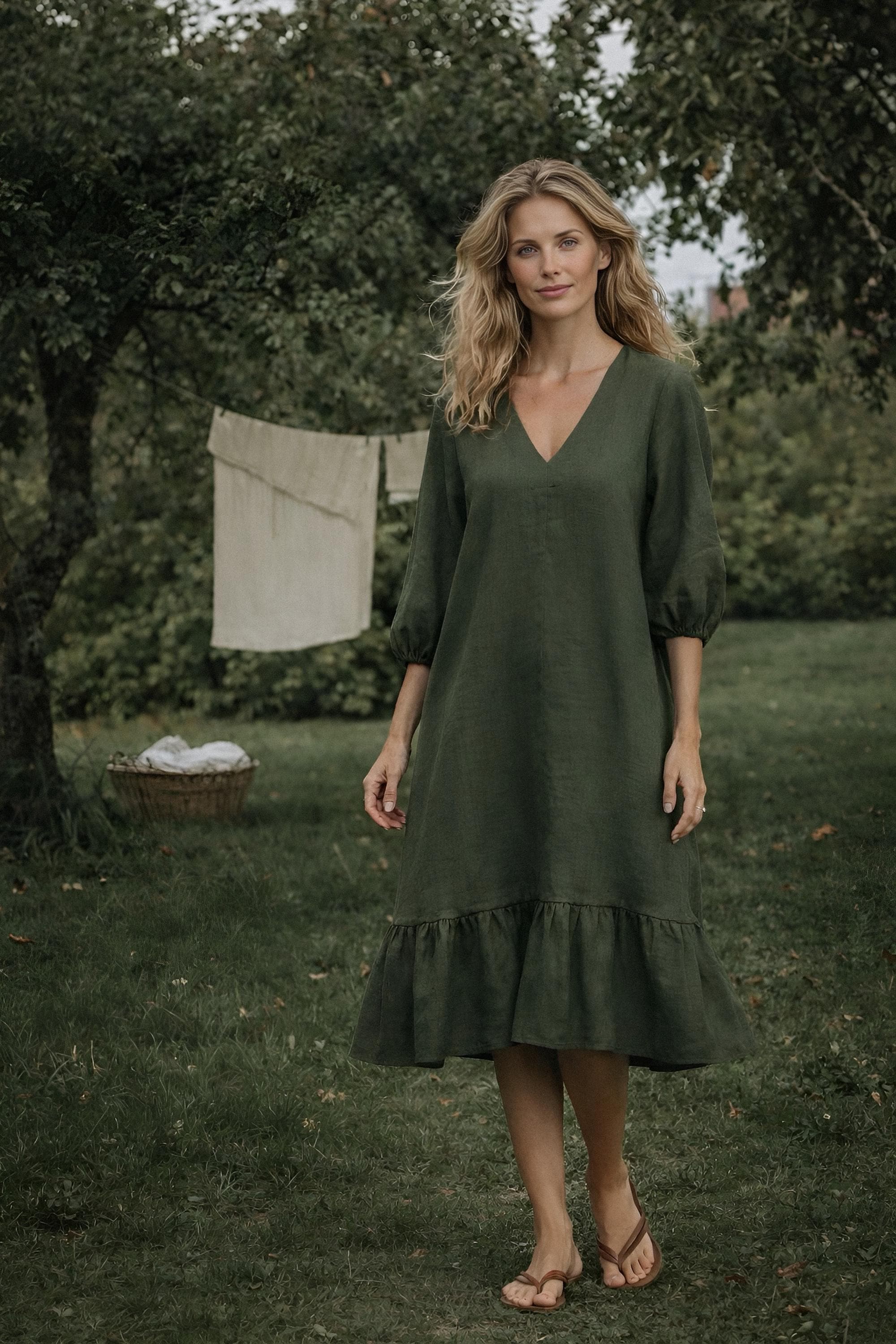 Oversized Linen Midi Dress With Pockets in Dark Moss, Puffy Sleeves, Loose Fit