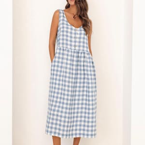 Vestido de lino a cuadros en azul claro, vestido de lino sin mangas, vestido de cuadros, vestido de lino modesto, vestido a cuadros, vestido de lino lituano