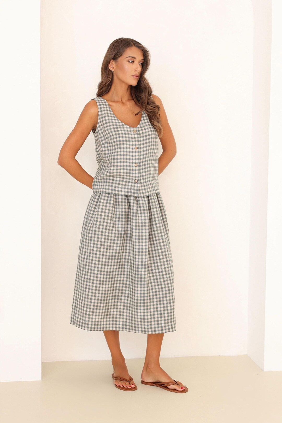 Biselle Linen Gingham Midi Skirt