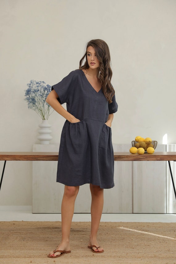 loose linen dress with pockets Shirred Pocket Linen Loose Dress Plain Olive