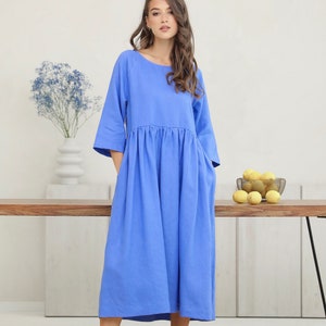 Cornflower Blue Linen Dress, Natural 100 Linen, Summer Dress, Vacation Dress, Sundress, Sustainable Clothing, Midi Dress, Oversized Dress