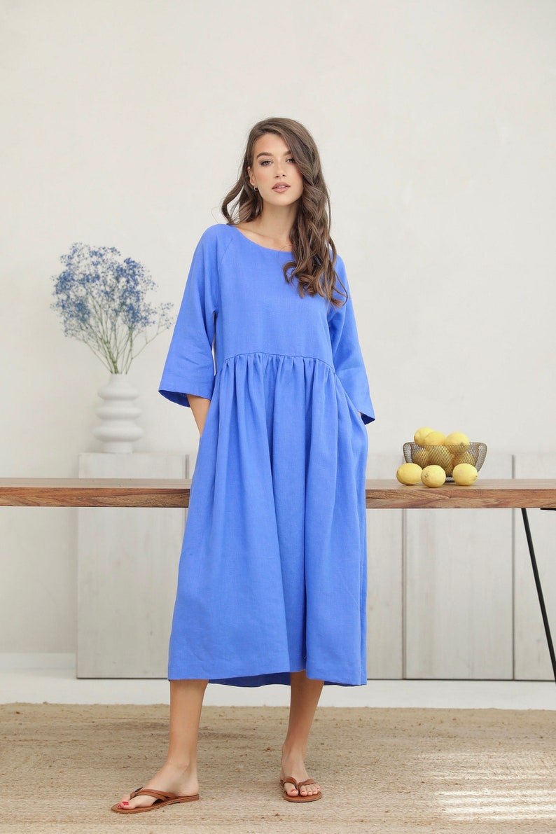 Natural blue print linen Long Shirts stand collar patchwork baggy summer Dress main image 0