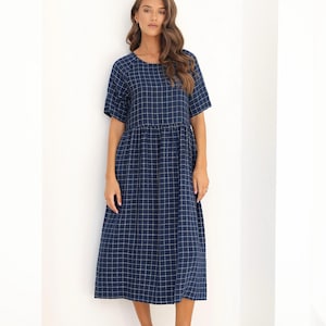 Oversized Linen Dress SIZE - S Ready To Ship, Navy Gingham Linen Dress, Summer Linen Dress, Vacation Dress, Midi Dress, Basic Linen Dress