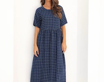 Short Sleeve Linen Dress, Loose Modest Linen Dress, Navy Gingham Linen Dress