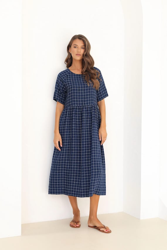 Short Sleeve Linen Dress, Loose Modest Linen Dress, Navy Gingham Linen Dress