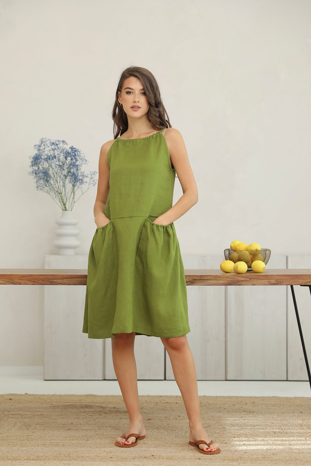Basic Linen Dress With Pockets in Moss Green, Sleeveless Linen Summer Dress