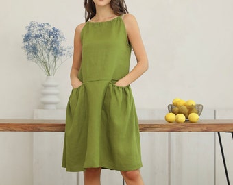 Moss Green Linen Dress, Natural 100 Linen, Summer Dress, Vacation Dress, Sundress, Sustainable Clothing, Midi Dress, Oversized Dress