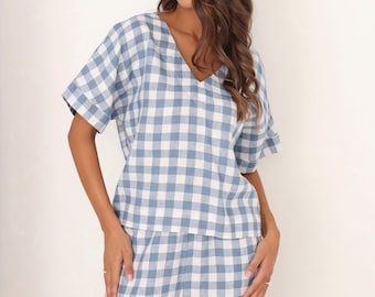 Linen Gingham Top for Women, Loose Linen Top in Light Blue Gingham