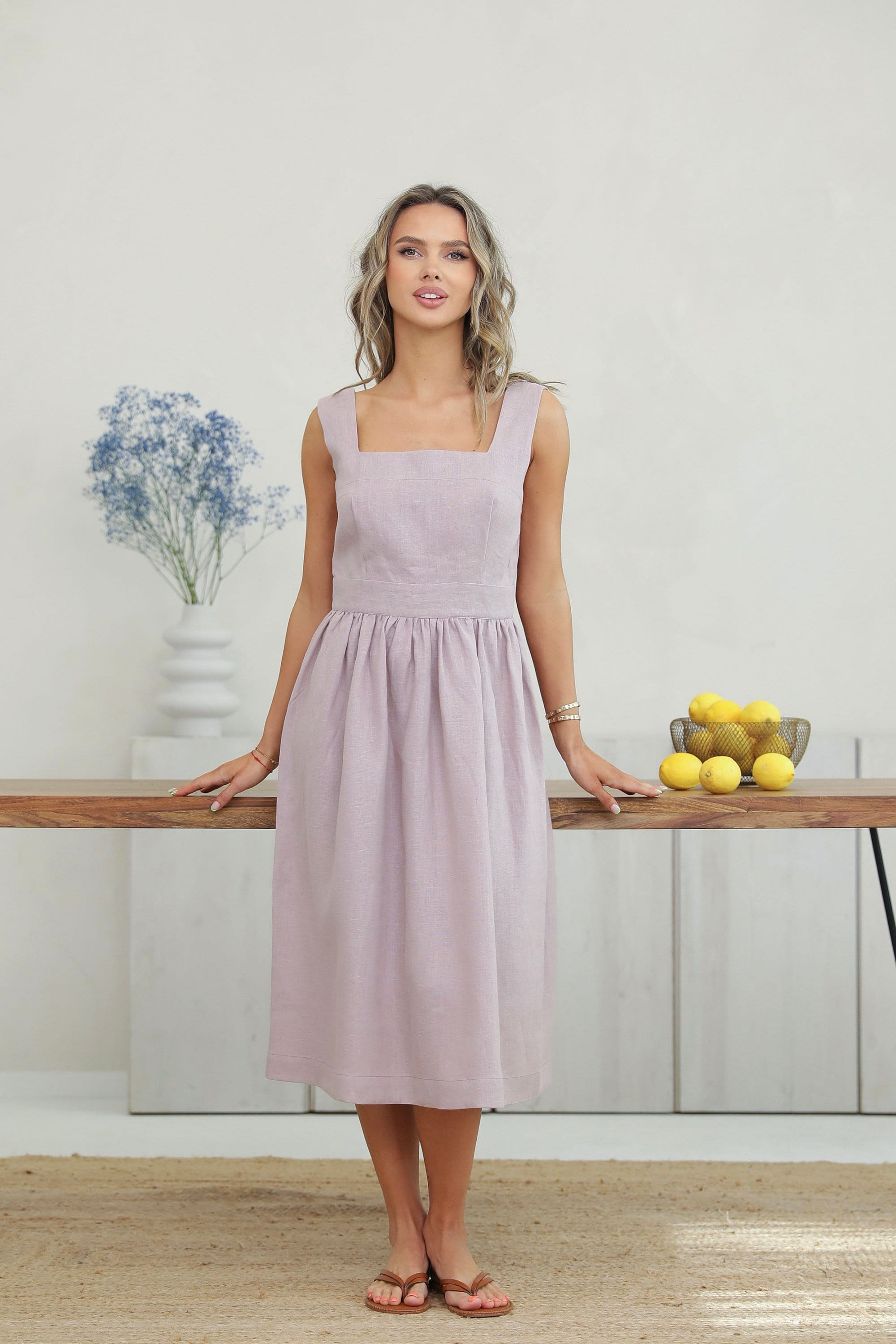 Simple sky blue cotton linen clothes For Women o neck pockets summer Dresses main image 1