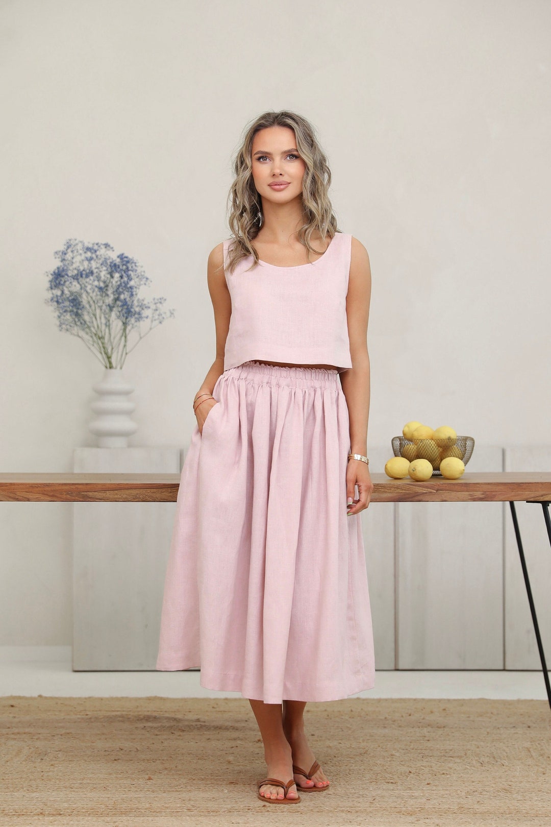 Y2K Italian Light Pink Linen Skirt (S)