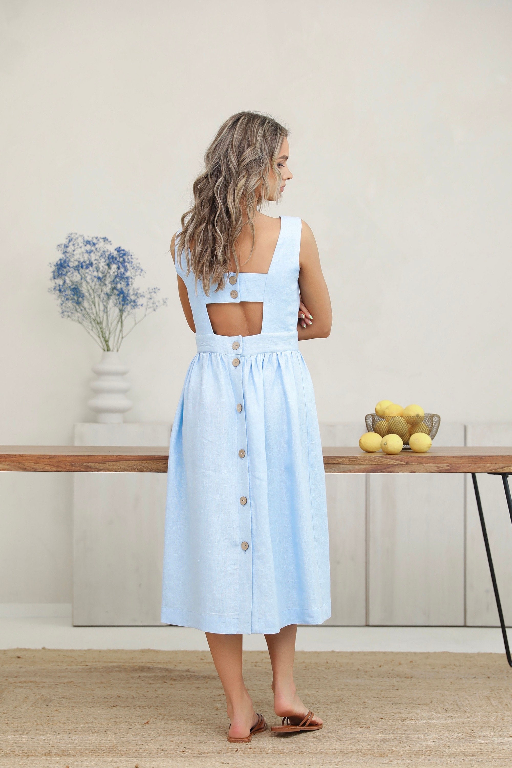 Pistache Linen Weekender Dress - Cloud Blue Summer Dusty Blue Dress Linen  Dress Summer Linen Dress Midi Dress Loose ...