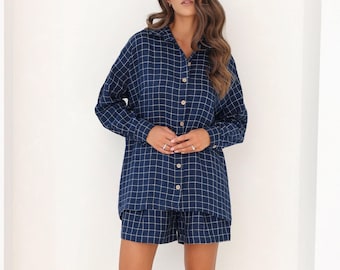 Linen Oversized Shirt in Navy Gingham, Button Linen Shirt for Women, Washed Softened Natural Linen Shirt