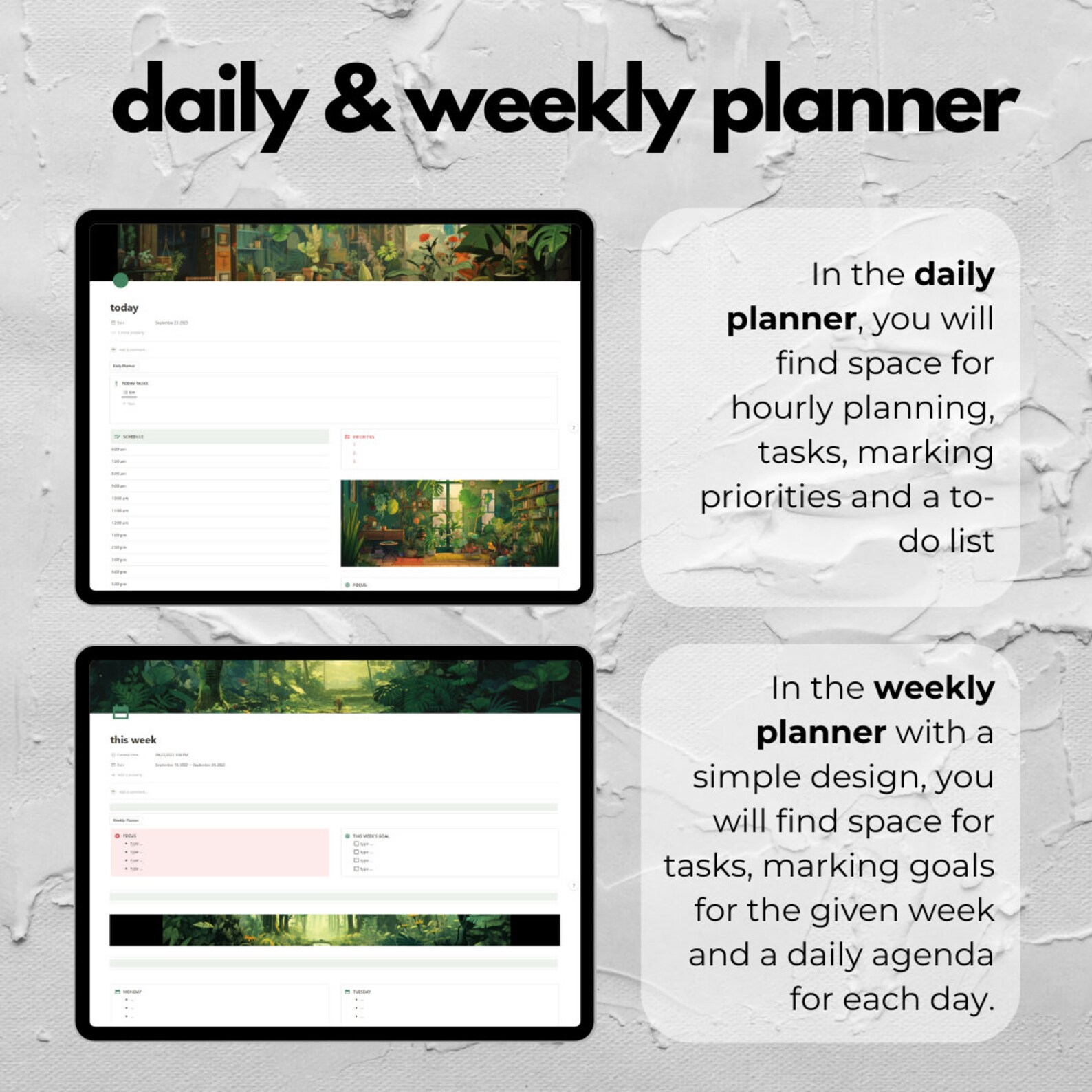 Notion Simple Life Planner jungle Aesthetic Dashboard, Daily and Weekly