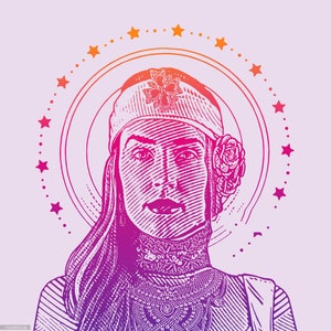 Peut inclure: Une illustration stylis&eacute;e d'une femme aux cheveux longs portant un bandeau avec un motif floral et un collier. L'illustration est dans des tons de rose et de violet et est entour&eacute;e d'un cercle d'&eacute;toiles.