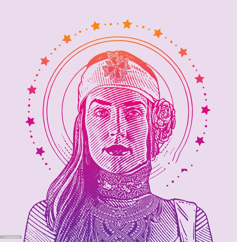 Peut inclure: Une illustration stylis&eacute;e d'une femme aux cheveux longs portant un bandeau avec un motif floral et un collier. L'illustration est dans des tons de rose et de violet et est entour&eacute;e d'un cercle d'&eacute;toiles.