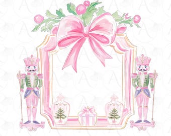 Christmas Crest : Watercolor Pink Bow Nutcracker, 4 Seamless Papers - Festive DIY Creations