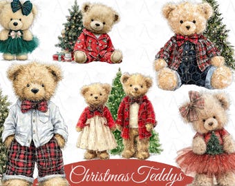 Christmas Bear clipart  :  Cute Teddy in Chrsitmas spirit, Holiday season , Festive Clipart bundle , New Year PNG