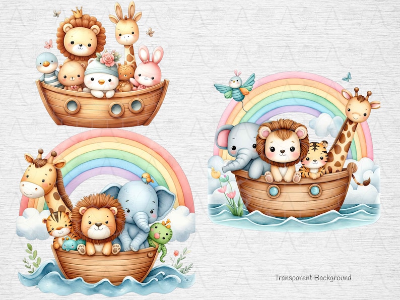 K&ouml;nnte beinhalten: Eine Aquarell-Illustration eines Regenbogens mit einem Holzboot, das mit niedlichen Tierfiguren gef&uuml;llt ist. Zu den Tieren geh&ouml;ren eine Giraffe, ein L&ouml;we, ein Elefant und ein Tiger. Das Boot schwimmt auf einer blauen Welle mit wei&szlig;em Schaum.
