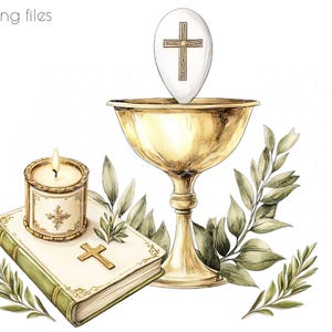 Première communion PNG Bundle - calice, ensemble de cliparts baptême chrétien, téléchargement immédiat, Bible, clipart chrétien, religieux png