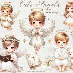 Paquete de imágenes prediseñadas de ángeles adorables: arte para celebraciones sagradas, diseños para bautizos, gráficos PNG religiosos, primera comunión, ángel bebé