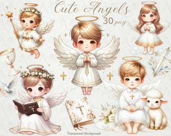 May include: A set of 30 digital illustrations of cute angels with halos, wings, and white dresses. The angels are holding a bible, a cross, and a lamb. The illustrations are on a transparent background.