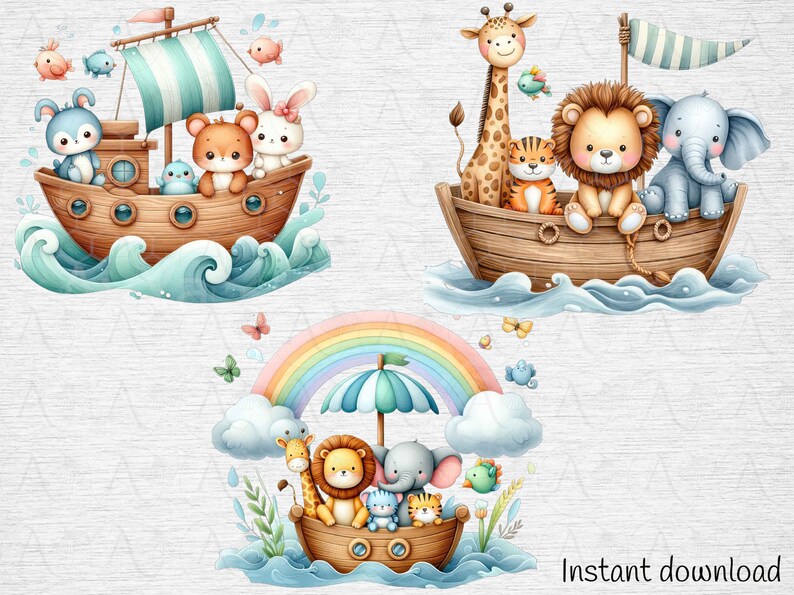K&ouml;nnte beinhalten: Drei Aquarell-Illustrationen von tierischen Freunden auf Booten. Das erste Boot ist blau und wei&szlig; mit einem Hasen, einem B&auml;ren und einem Vogel. Das zweite Boot ist braun mit einer Giraffe, einem Tiger und einem L&ouml;wen. Das dritte Boot ist braun mit einer Giraffe, einem L&ouml;wen, einem Elefanten und einer Katze unter einem Regenbogen.