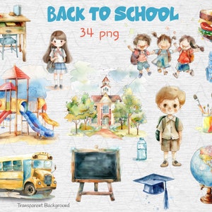 Conjunto de clipart escolar - material de arte e pintura de volta às aulas, pacote de clipart em aquarela com tema escolar, ilustrações para crianças e aprendizagem escolar
