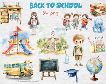 Watercolor School Clipart Set: Back To School Illustrations (Digital Download)