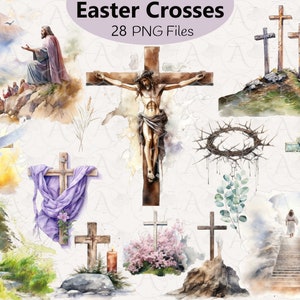 Aquarell Osterkreuze Clipart-Set - Jesus auferstanden, religiöse Osterauferstehung, Bibel Clipart, Holzkreuz PNG, Taufe, Jesus png