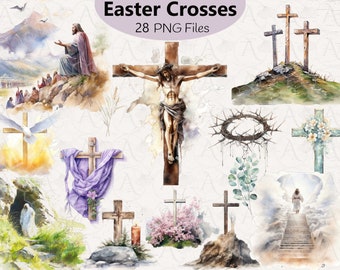Watercolor Easter Crosses Clipart: Religious Resurrection PNG (Digital Download)