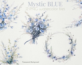 Dusty Blue Watercolor Floral Clipart: Wedding Bouquet Frames (Digital Download)