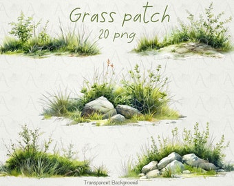 May include: A set of 20 watercolor illustrations of grass patches with rocks. The illustrations have a transparent background and are perfect for adding a touch of nature to your designs.