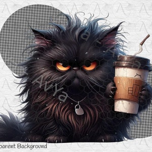 Grumpy Coffe Cat Clipart, Adorable Black Coffee lover Cat Clipart: Instant Download PNG for Crafts , Cat Lovers Delight image 5