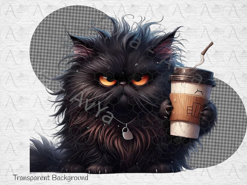 Grumpy Coffe Cat Clipart, Adorable Black Coffee lover Cat Clipart: Instant Download PNG for Crafts , Cat Lovers Delight image 5