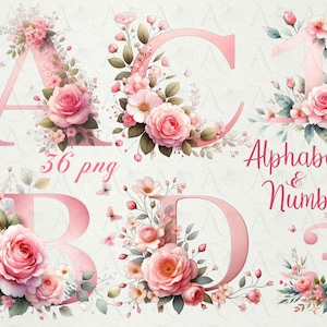 Floral Alphabet Sammlung Clipart, Rosa Blumen Alphabet Clipart, Willkommen Babyparty, Hochzeitsmeilenstein, Rosa Blumen Bündel, Download
